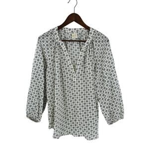 Boo Gemes Cotton Boho Blouse White Navy Blue V-Neck Long Sleeve Pullover Size L